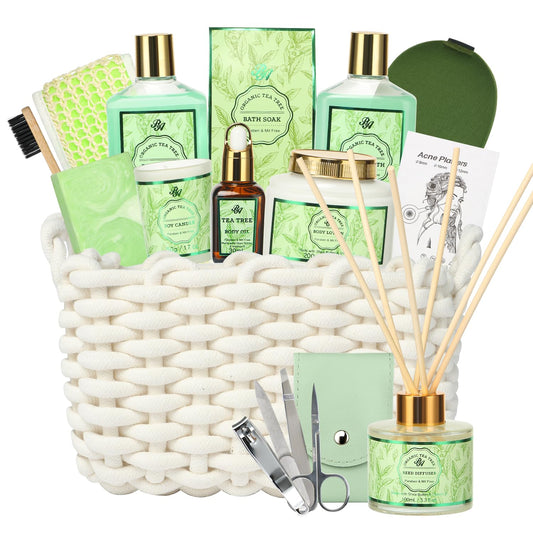 Luxury Spa Gift Set for Women - 15-Piece Tea Tree Scented Basket with Body Wash, Bubble Bath, Bath Soak, and Manicure Set - Ideal Birthday and Mother's Day Gift for Her