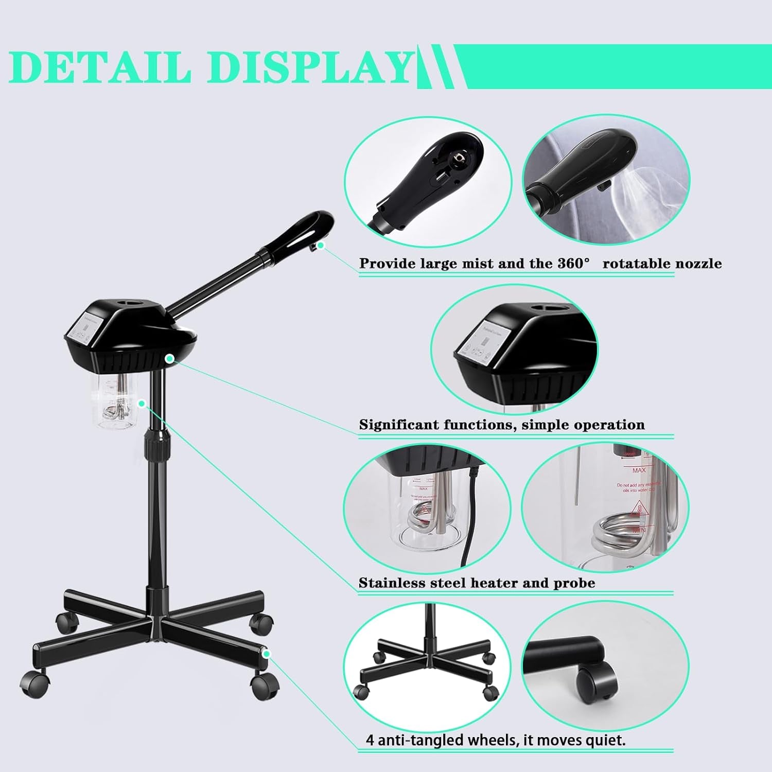 Professional Facial Steamer for Estheticians, Hot Mist & Timer Function, Ozone Facial Steamer on Wheels for Spa Beauty, Home Use