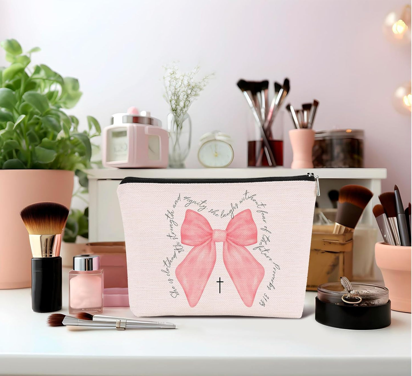 Christian Pink Bow Gifts for Women,Coquette Pink Bow Makeup Bag,Christian Gifts for Women,Inspirational Gifts Bible Verse Cosmetic Bags Zipper Pouch,Religious Gifts for Christian Woman
