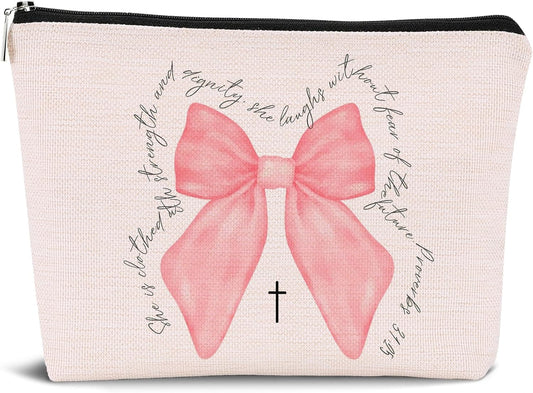 Christian Pink Bow Gifts for Women,Coquette Pink Bow Makeup Bag,Christian Gifts for Women,Inspirational Gifts Bible Verse Cosmetic Bags Zipper Pouch,Religious Gifts for Christian Woman
