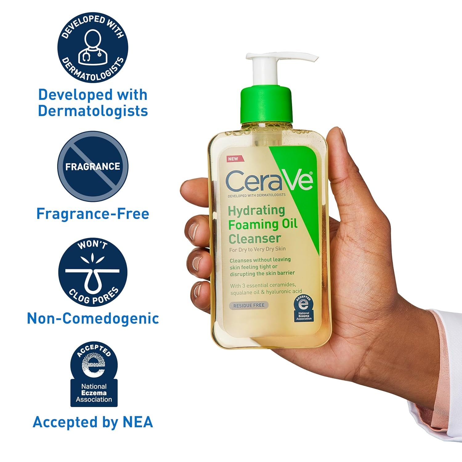 Hydrating Foaming Oil Cleanser for Face and Body with Squalane, Hyaluronic Acid, and Ceramides - Ideal for Dry to Very Dry Skin, Fragrance-Free and Residue-Free, 19 FL Oz