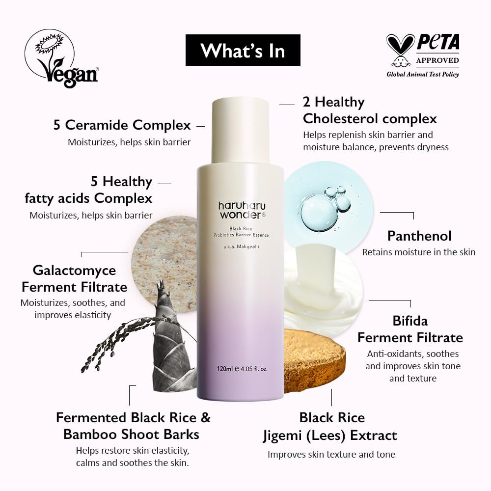Wonder Black Rice Probiotics Barrier Essence 4.05 Fl. Oz., Essence Toner to Strengthen Skin Barrier with Ceramides, Fermented Ingredients, Milky Essence, Moisturizing, Plumping