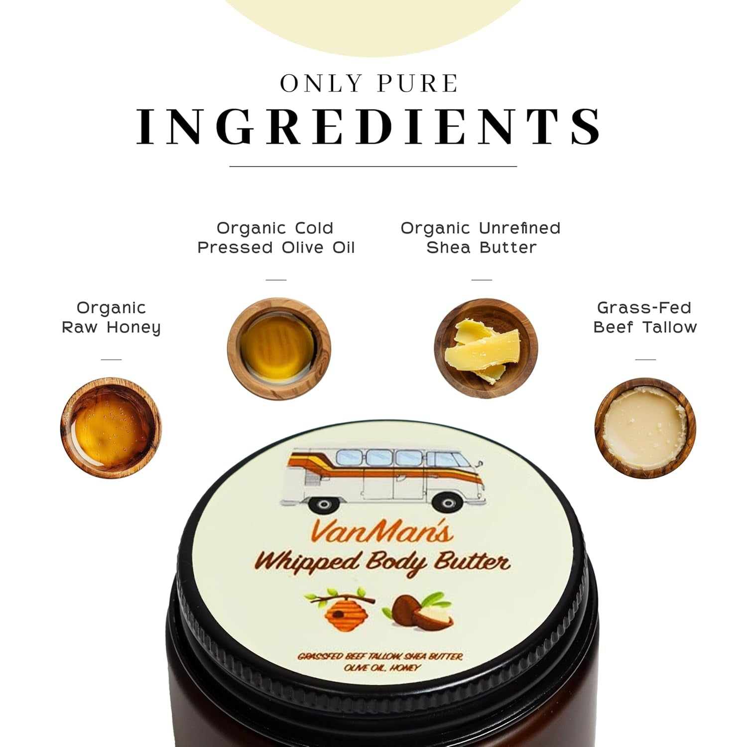 Vanman's Whipped Tallow Body Butter - Essential Oil-Free Moisturizer with Grass-Fed Beef Tallow, Organic Shea Butter, Cold Pressed Olive Oil, and Raw Honey - 4 Oz