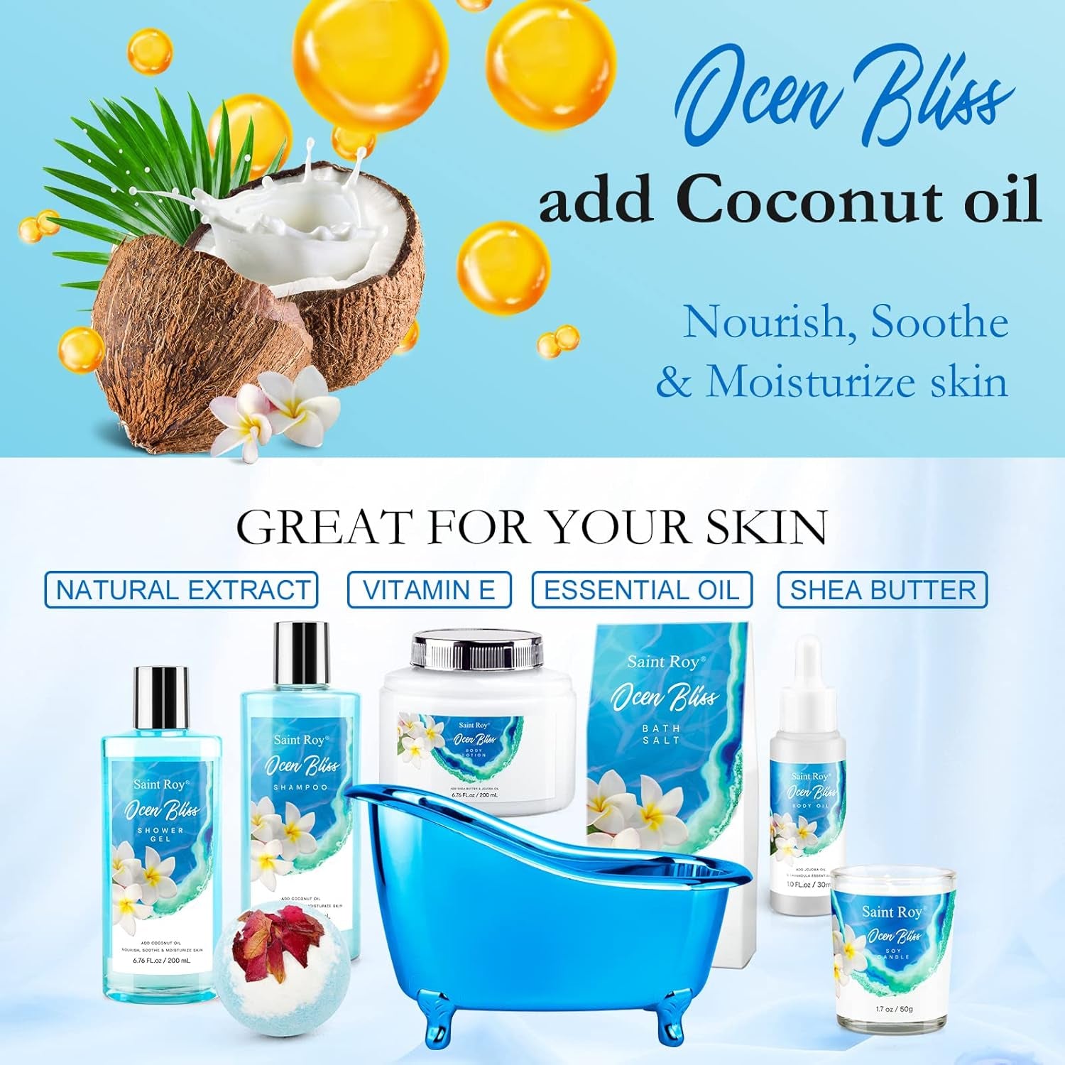 Fathers Day Gifts for Men for Dad Spa Kit Gifts for Her or Him Birthday Gifts for Women, Luxury Home Spa Kit, 8Pcs Bath Gift Set Ocean & Vanilla, Gift Baskets for Women Unique Mother'S Day Gifts