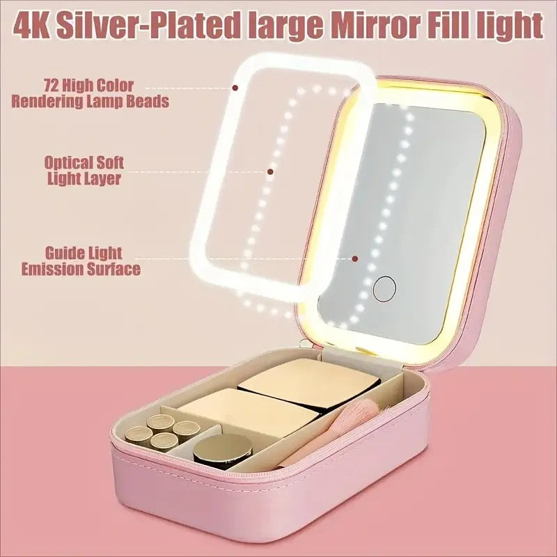 Compact Pink Leather LED Makeup Mirror Jewelry Organizer