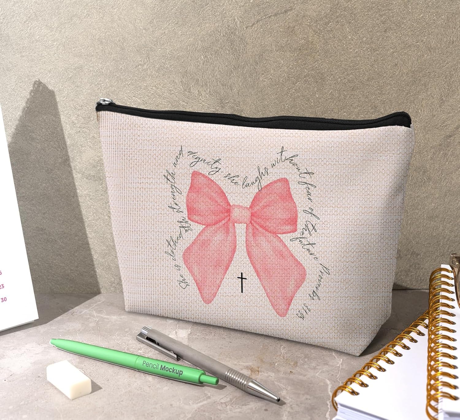Christian Pink Bow Gifts for Women,Coquette Pink Bow Makeup Bag,Christian Gifts for Women,Inspirational Gifts Bible Verse Cosmetic Bags Zipper Pouch,Religious Gifts for Christian Woman