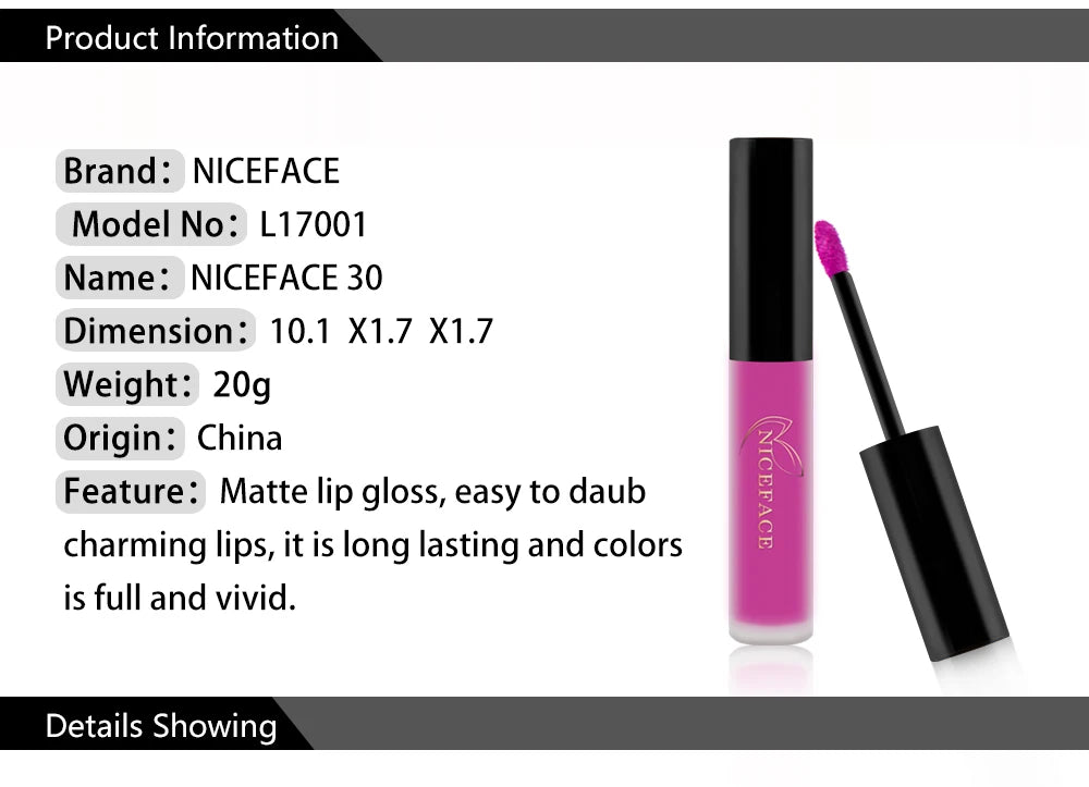 NICEFACE Hot Color Lip Gloss – Waterproof Matte & Long-Lasting