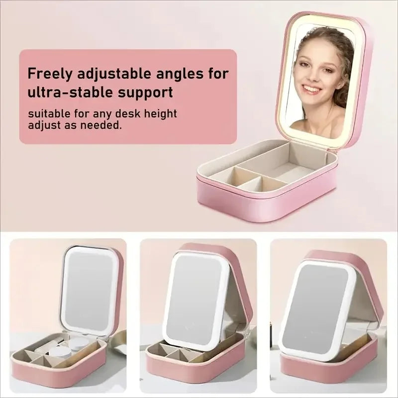 Compact Pink Leather LED Makeup Mirror Jewelry Organizer