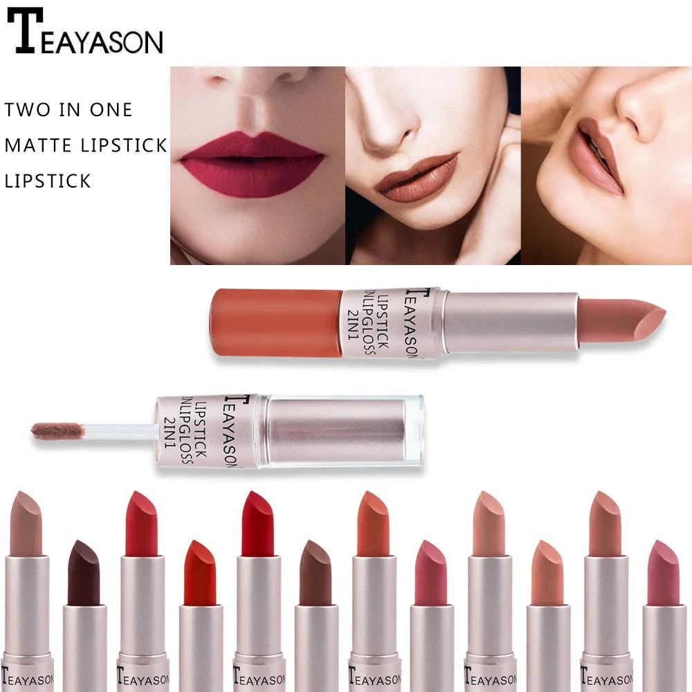 2-in-1 Pink Lipstick & Lip Gloss – Waterproof, Long-Lasting