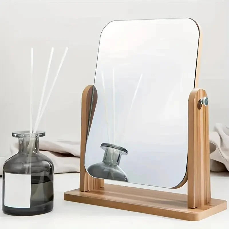 Wooden Rotating Vanity Mirror Adjustable Desktop Makeup Stand