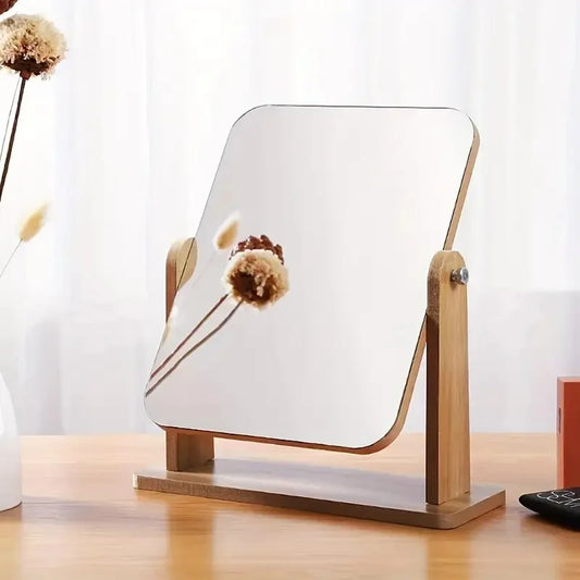 Wooden Rotating Vanity Mirror Adjustable Desktop Makeup Stand