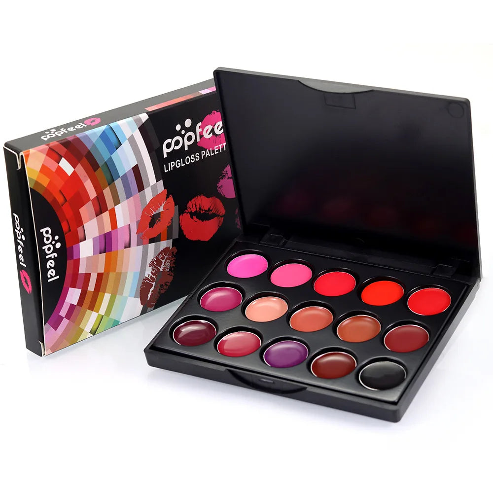 POPFEEL 15-Color Lipstick Palette – Long-Lasting & Korean Cosmetics