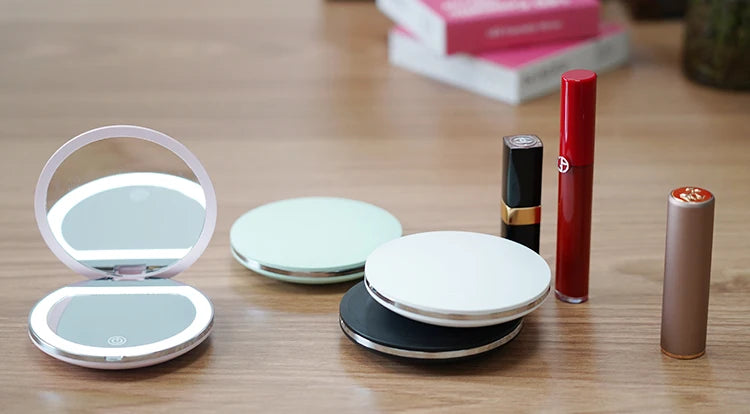 Handheld Portable LED Makeup Mirror – Dual Sided 5x Magnification