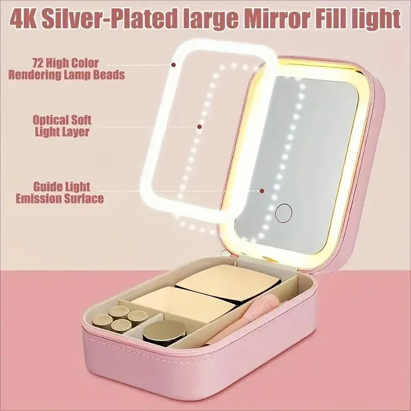 Compact Pink Leather LED Makeup Mirror Jewelry Organizer