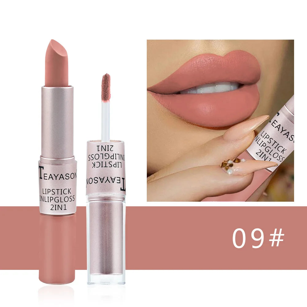 2-in-1 Pink Lipstick & Lip Gloss – Waterproof, Long-Lasting
