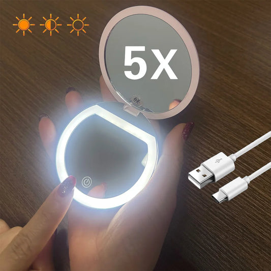 Handheld Portable LED Makeup Mirror – Dual Sided 5x Magnification