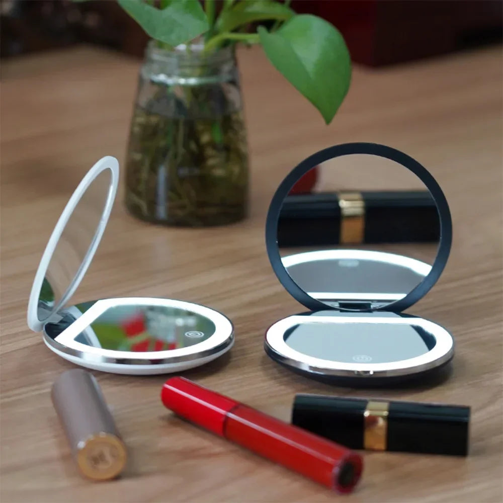 Handheld Portable LED Makeup Mirror – Dual Sided 5x Magnification