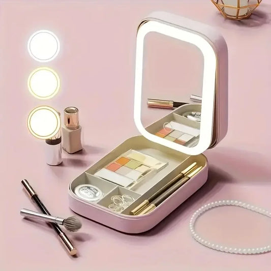 Compact Pink Leather LED Makeup Mirror Jewelry Organizer