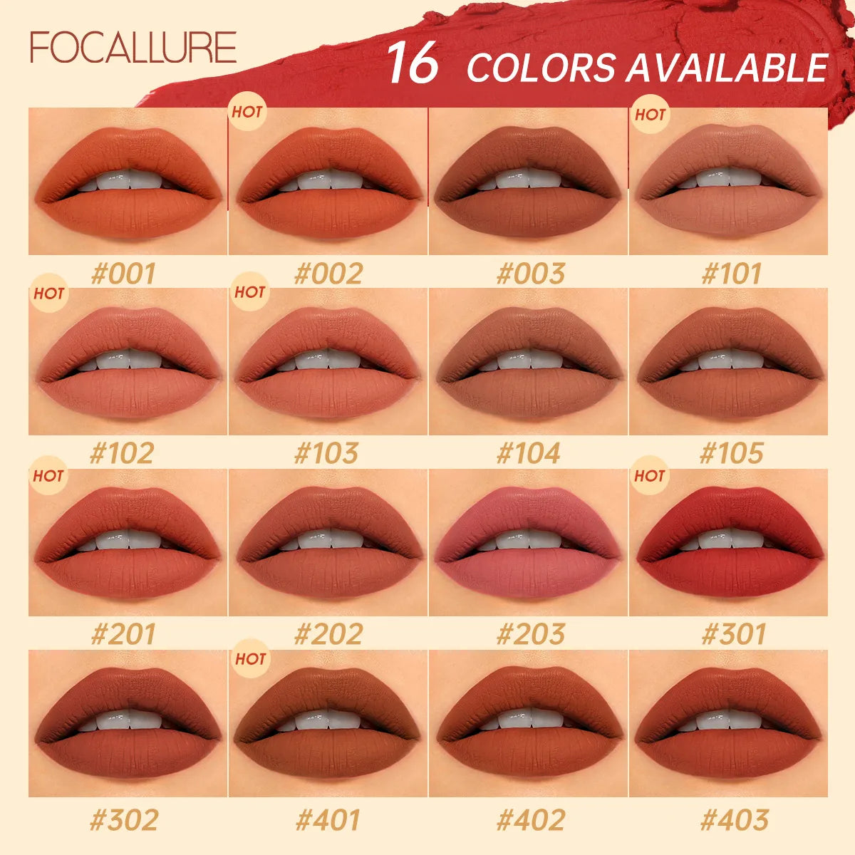 FOCALLURE 16-Color Matte Lipstick – Waterproof, High Pigment