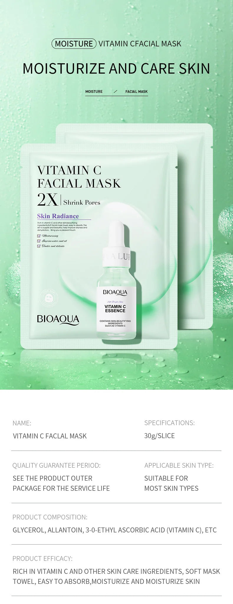 BIOAQUA Centella Collagen and Vitamin C Facial Masks with 20 units