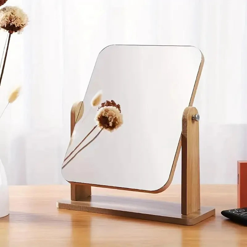 Wooden Rotating Vanity Mirror Adjustable Desktop Makeup Stand