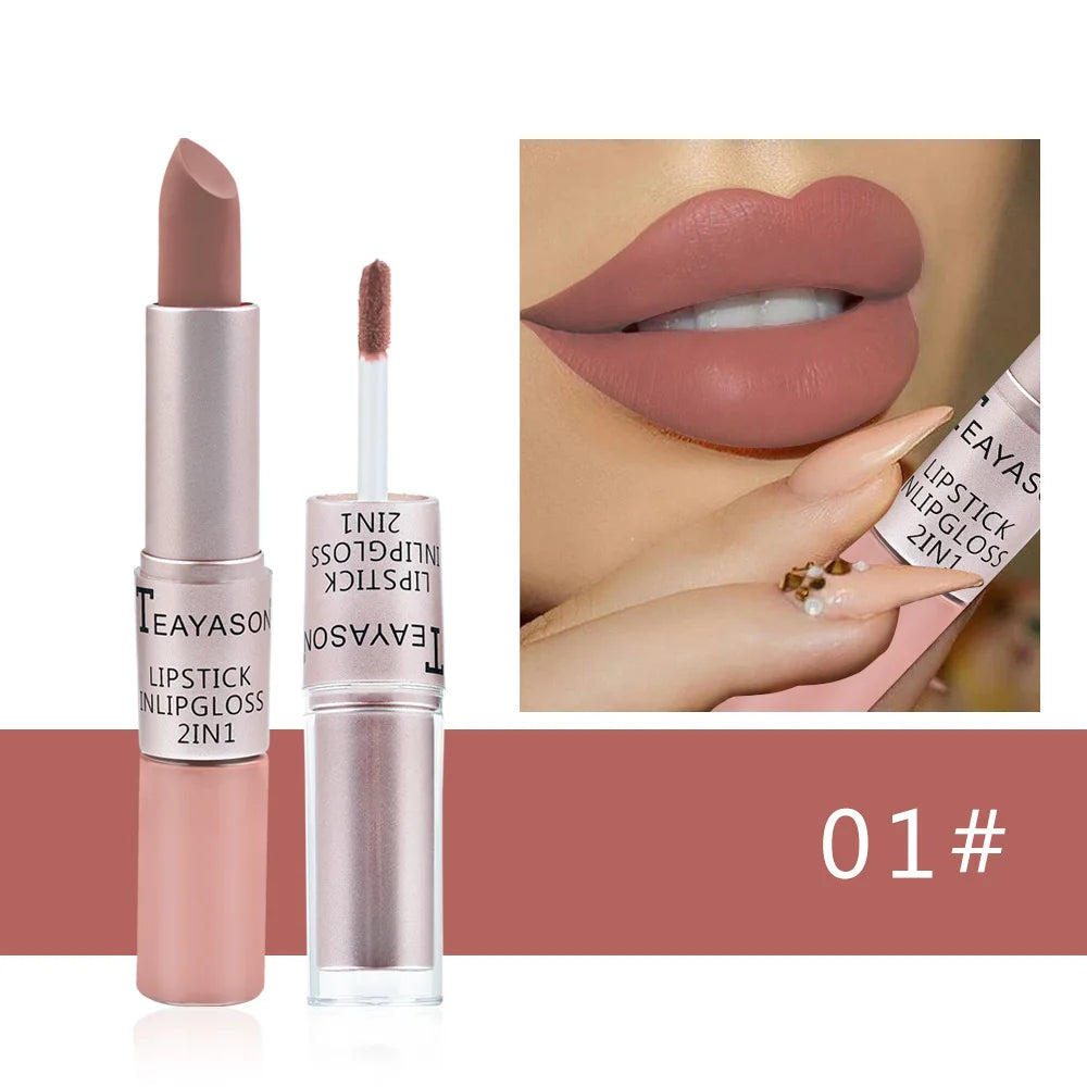 2-in-1 Pink Lipstick & Lip Gloss – Waterproof, Long-Lasting