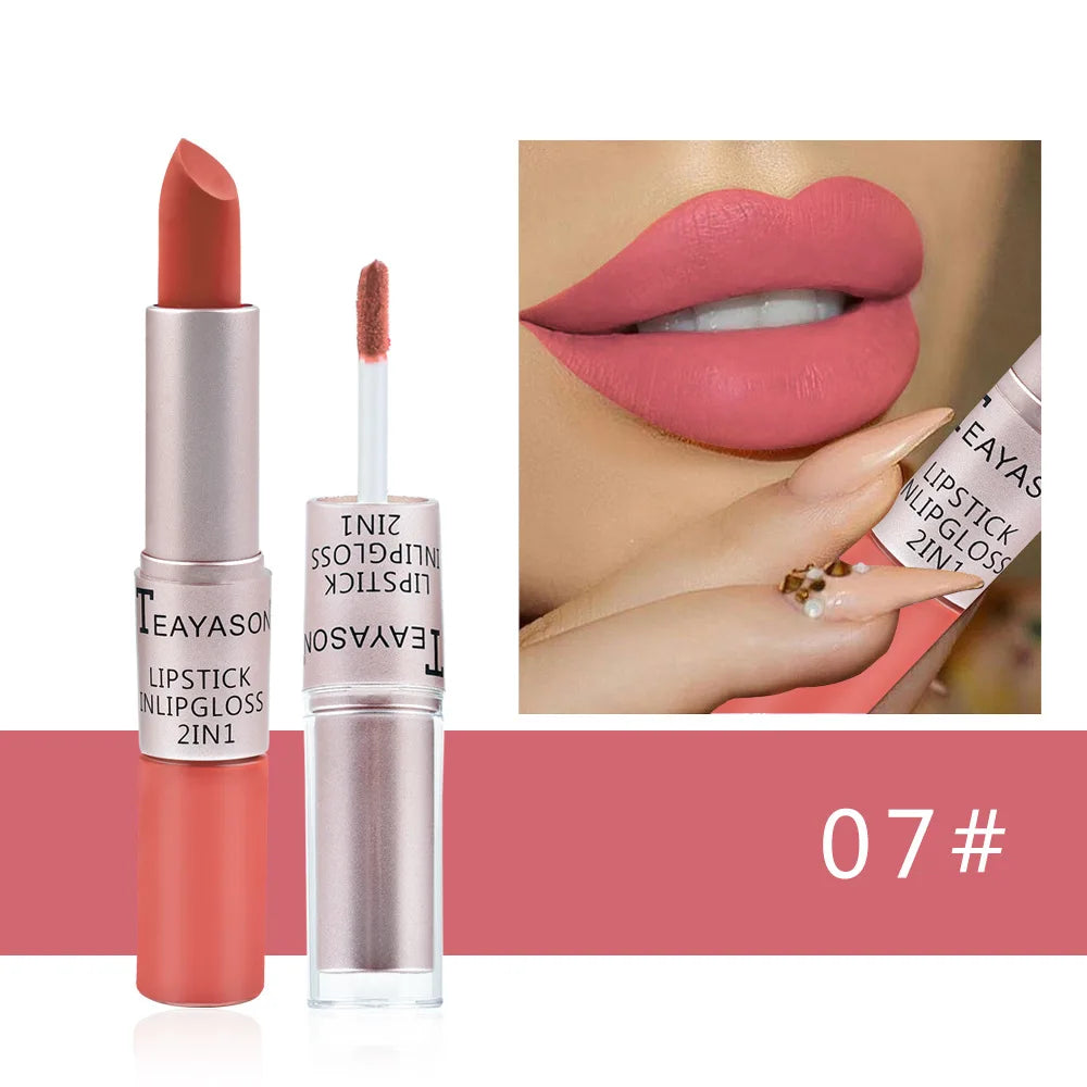 2-in-1 Pink Lipstick & Lip Gloss – Waterproof, Long-Lasting
