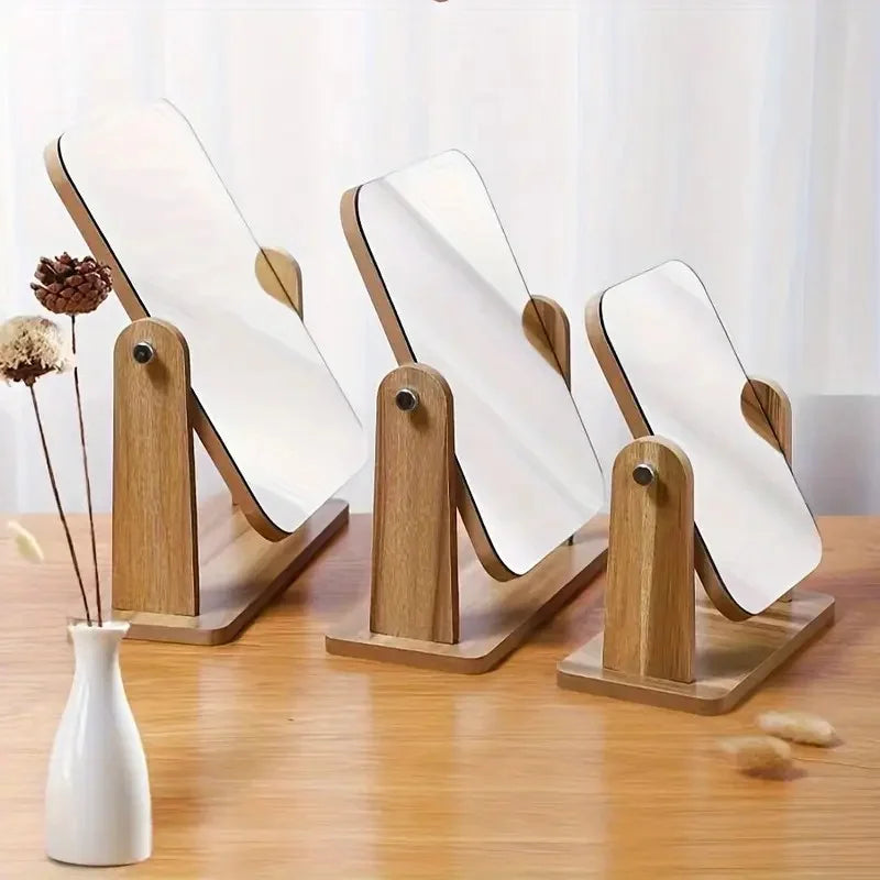 Wooden Rotating Vanity Mirror Adjustable Desktop Makeup Stand