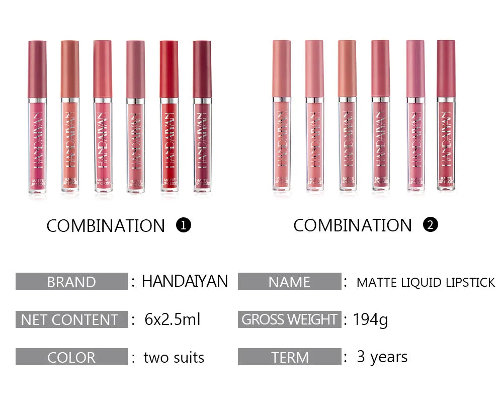 HANDAIYAN 6-Piece Lipstick Set – Waterproof & Long-Lasting Matte