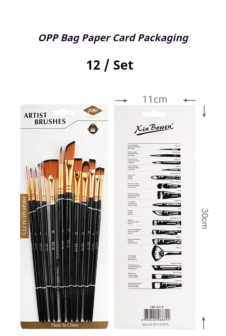 12 PCS Nylon Bristle Brush Set Watercolor Oil Acrylic