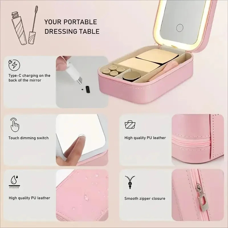 Compact Pink Leather LED Makeup Mirror Jewelry Organizer