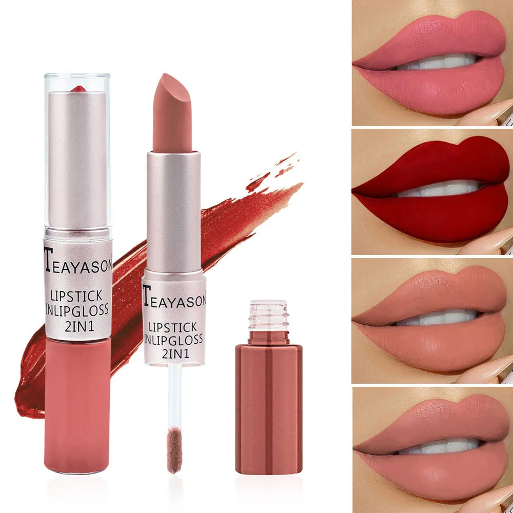 2-in-1 Pink Lipstick & Lip Gloss – Waterproof, Long-Lasting
