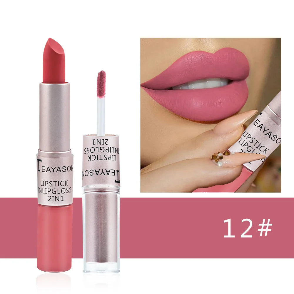 2-in-1 Pink Lipstick & Lip Gloss – Waterproof, Long-Lasting