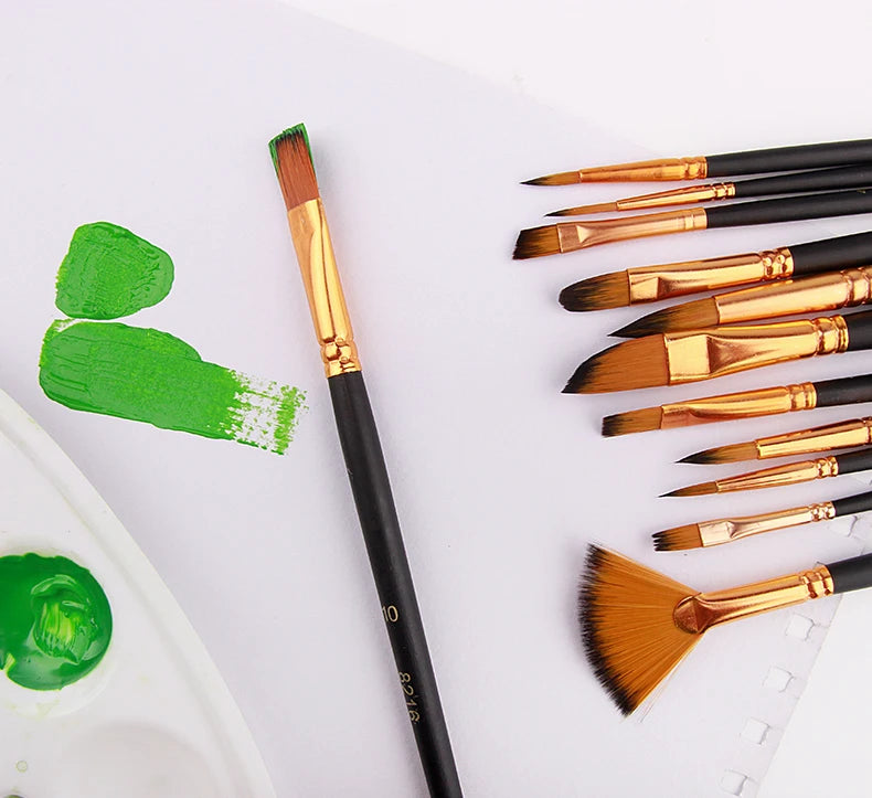 12 PCS Nylon Bristle Brush Set Watercolor Oil Acrylic