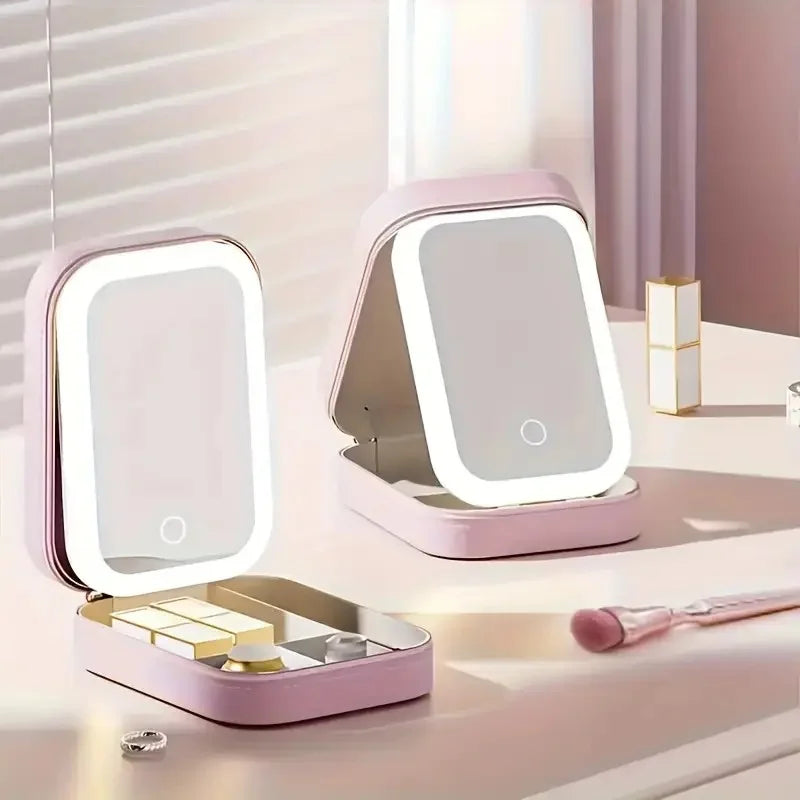 Compact Pink Leather LED Makeup Mirror Jewelry Organizer