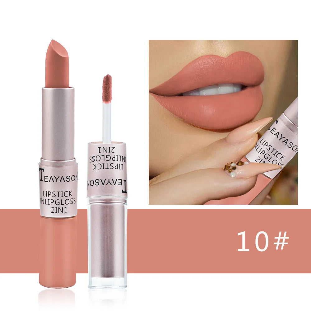 2-in-1 Pink Lipstick & Lip Gloss – Waterproof, Long-Lasting