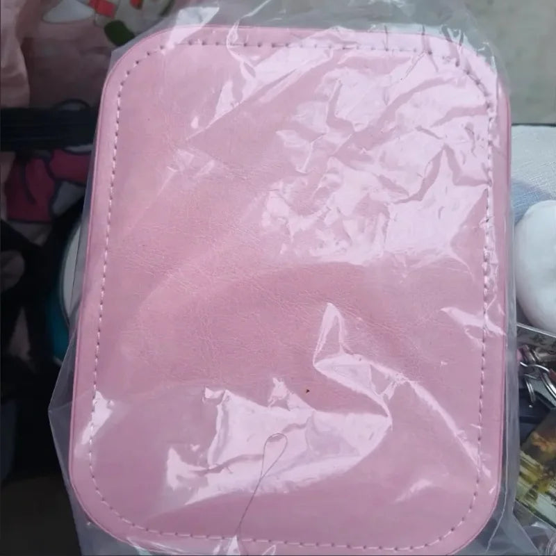 Compact Pink Leather LED Makeup Mirror Jewelry Organizer
