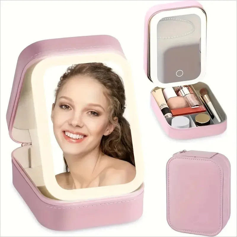 Compact Pink Leather LED Makeup Mirror Jewelry Organizer