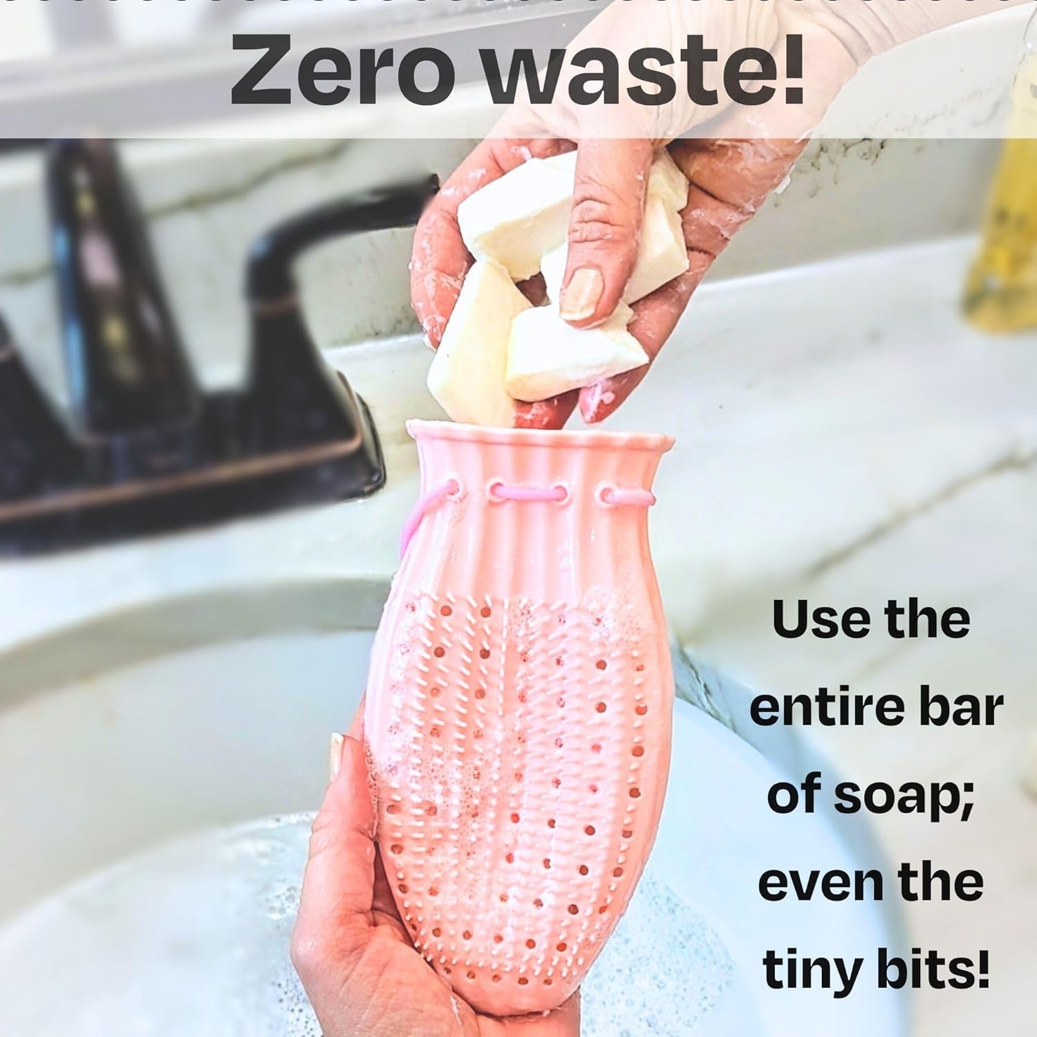 Soap Saver Bag, Gentle Exfoliating Loofah Pouch, Soap Sleeves for Bars, Exfoliating Bag, Bar Soap Pouch, Mesh Soap Bags for Soap Bars, Soap Bar Bag, Silicone Body Scrubber, Pink Loofah