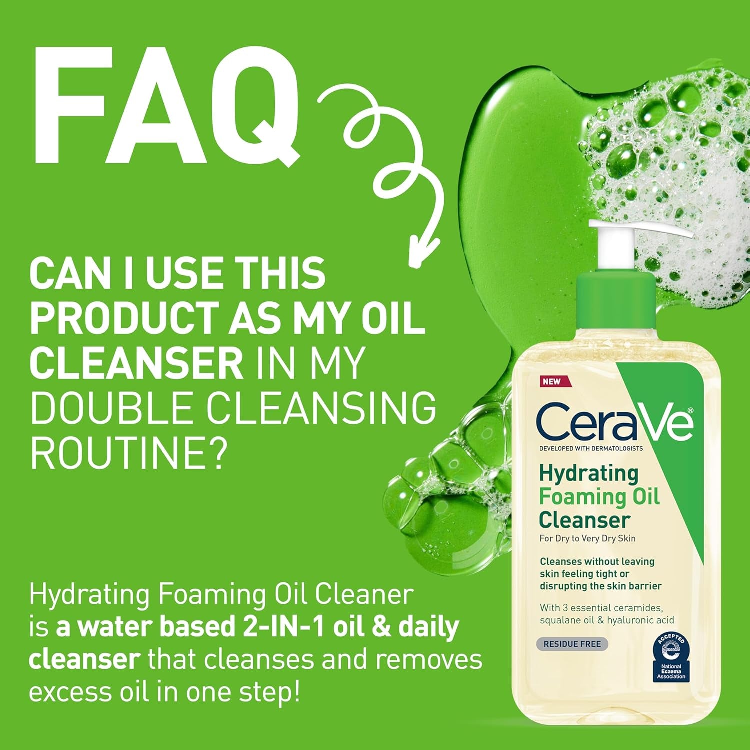 Hydrating Foaming Oil Cleanser for Face and Body with Squalane, Hyaluronic Acid, and Ceramides - Ideal for Dry to Very Dry Skin, Fragrance-Free and Residue-Free, 19 FL Oz