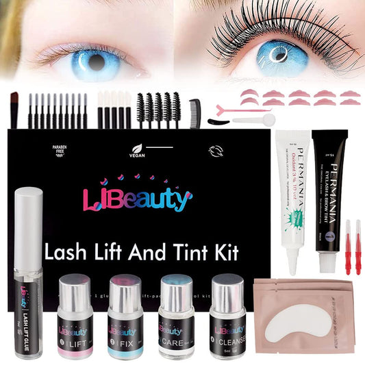Lash Lift and Color Kit 4-In-1 with Brow Lamination & Perm - Professional Eyelash Set for Home DIY, Black Coloring Formula Creates Thicker Curled Lashes (Includes All Tools)