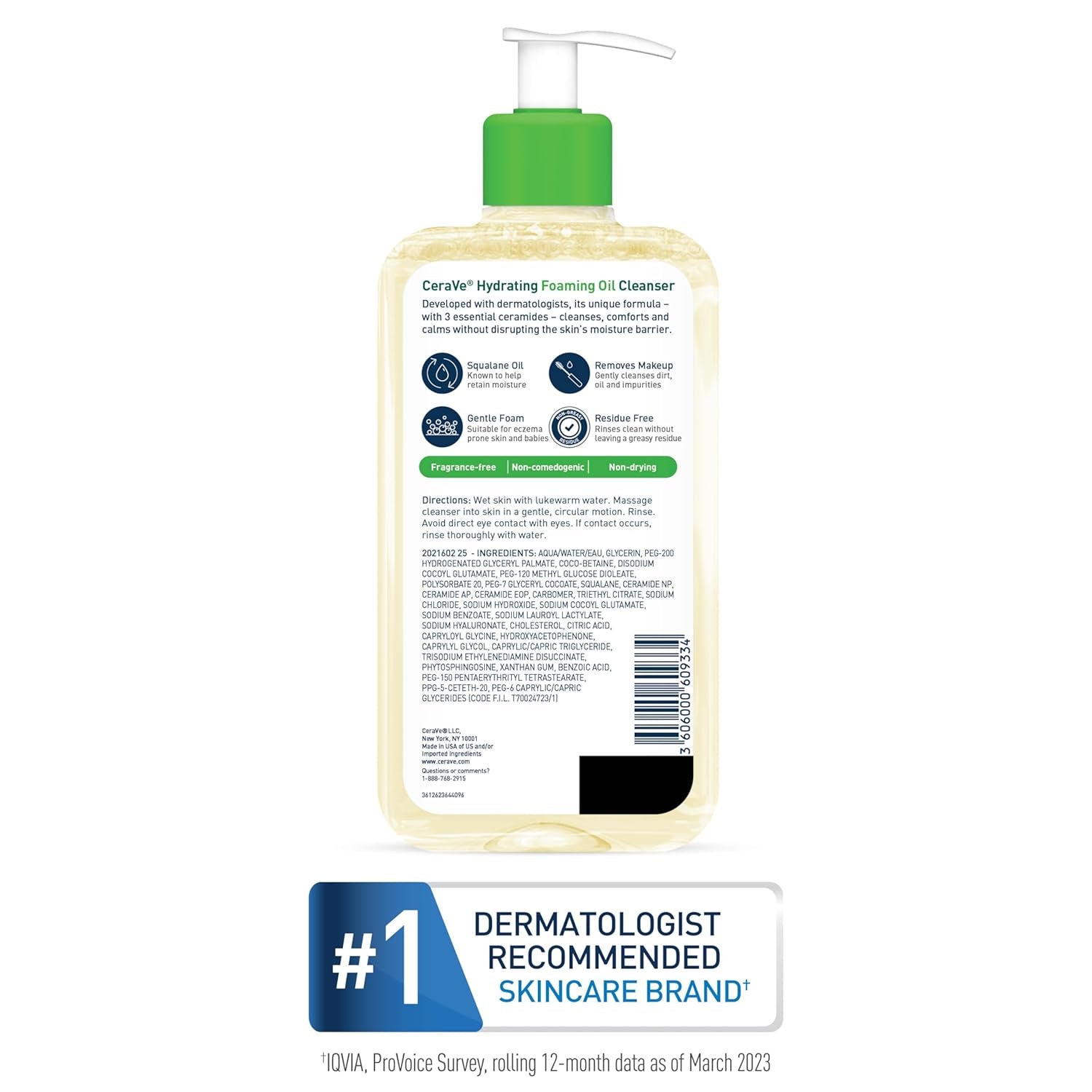 Hydrating Foaming Oil Cleanser for Face and Body with Squalane, Hyaluronic Acid, and Ceramides - Ideal for Dry to Very Dry Skin, Fragrance-Free and Residue-Free, 19 FL Oz