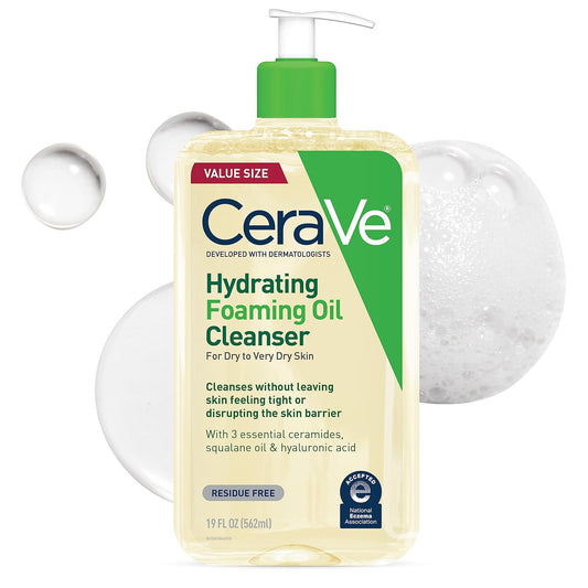 Hydrating Foaming Oil Cleanser for Face and Body with Squalane, Hyaluronic Acid, and Ceramides - Ideal for Dry to Very Dry Skin, Fragrance-Free and Residue-Free, 19 FL Oz