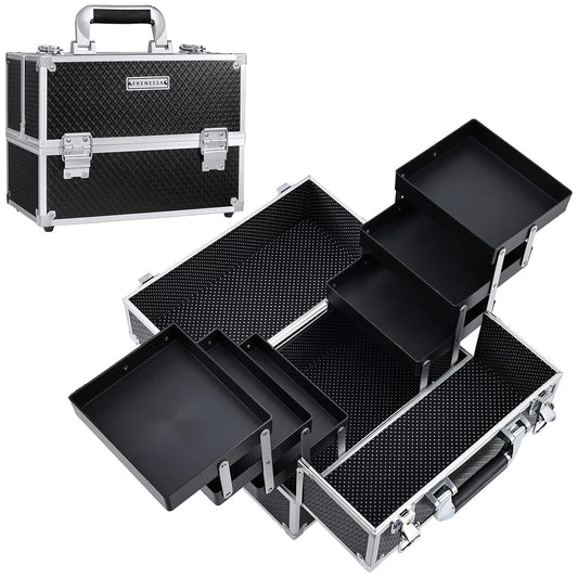 Makeup Train Case Makeup Case 11.8 Inch Large Cosmetic Box Organizer Travel Storage Professional Make up Train Carrying Case with 6 Trays Locking Hard Vanity Storage Black