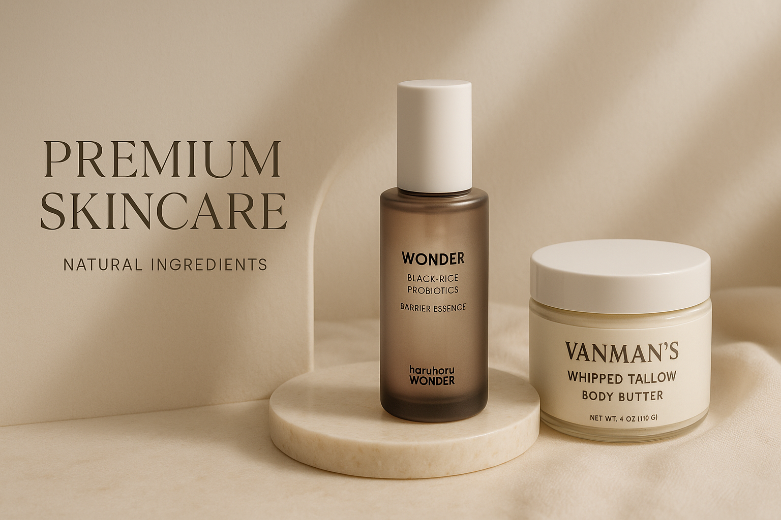 Create me professional banner for this website  for this product name Wonder Black Rice Probiotics Barrier Essence,Vanman’s Whipped Tallow Body Butter