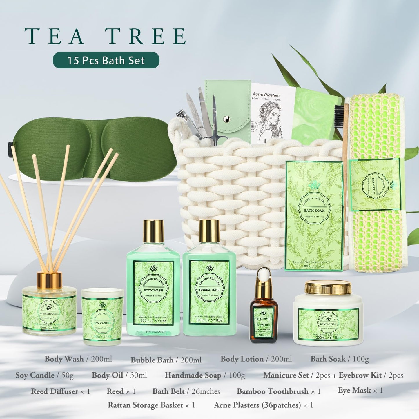 Luxury Spa Gift Set for Women - 15-Piece Tea Tree Scented Basket with Body Wash, Bubble Bath, Bath Soak, and Manicure Set - Ideal Birthday and Mother's Day Gift for Her