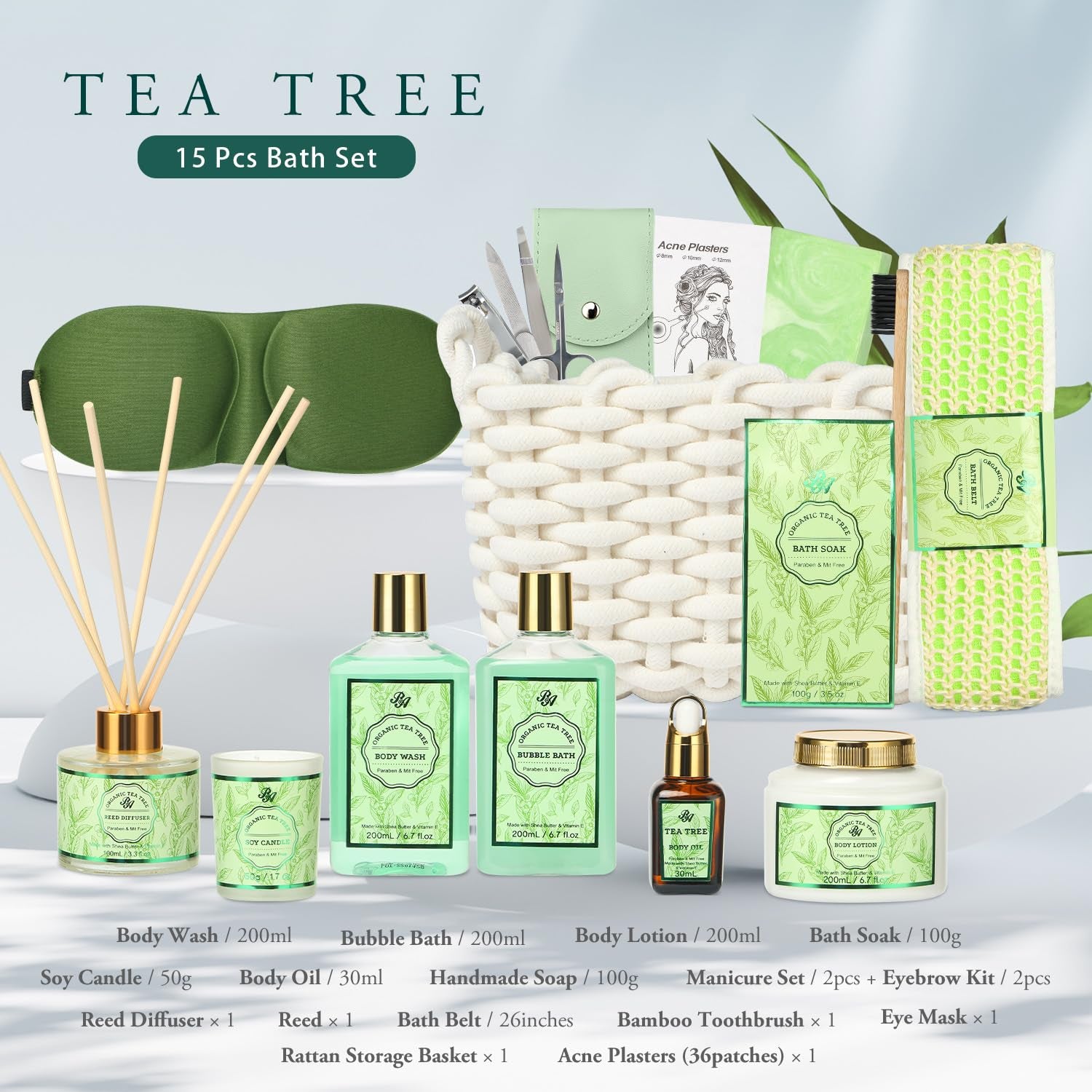 Luxury Spa Gift Set for Women - 15-Piece Tea Tree Scented Basket with Body Wash, Bubble Bath, Bath Soak, and Manicure Set - Ideal Birthday and Mother's Day Gift for Her
